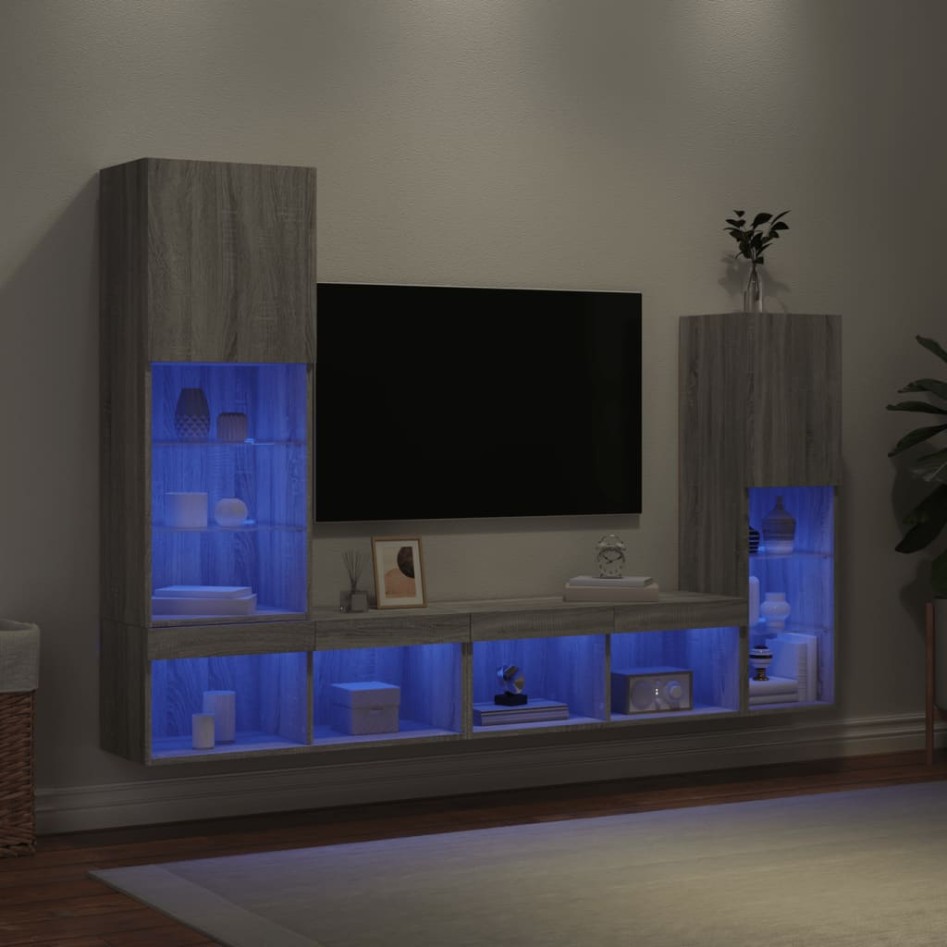 Muebles TV pared con LED 4 pzas madera ingeniería gris