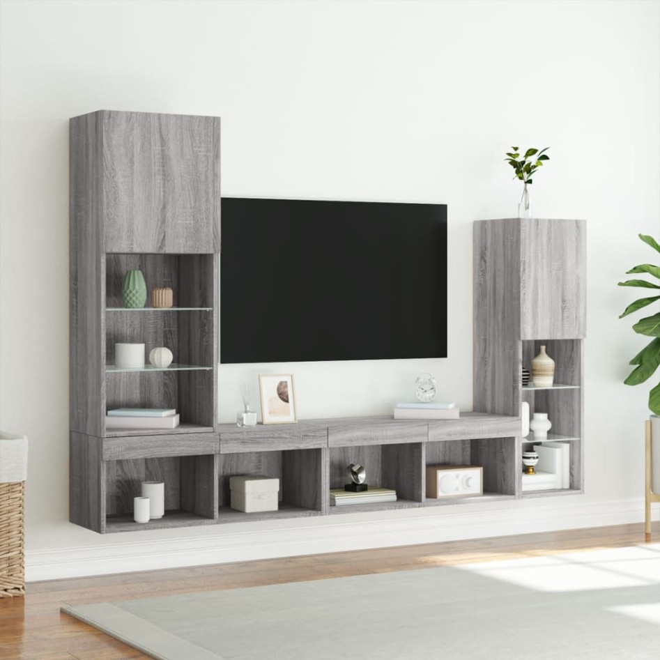 Muebles TV pared con LED 4 pzas madera ingeniería gris