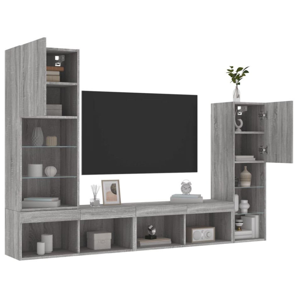 Muebles TV pared con LED 4 pzas madera ingeniería gris