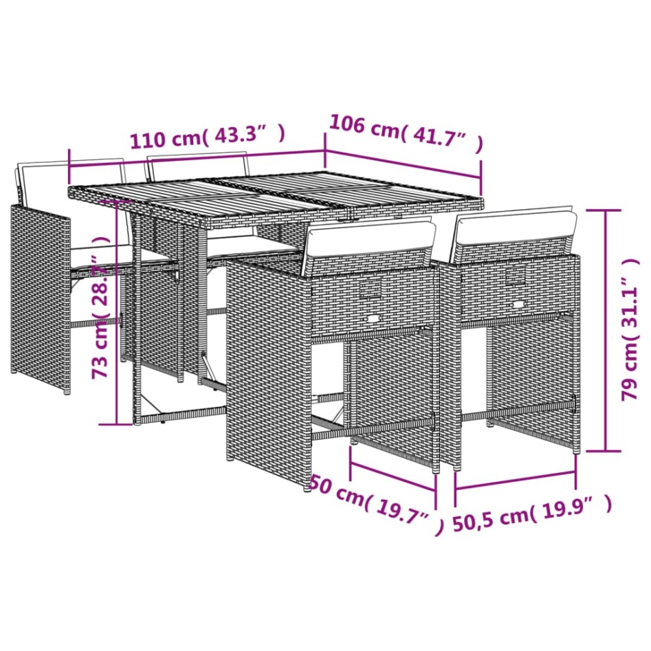 Set de muebles jardín 5 pzas con cojines ratán sintético