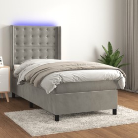 Cama box spring colchón y LED terciopelo gris claro 90x200