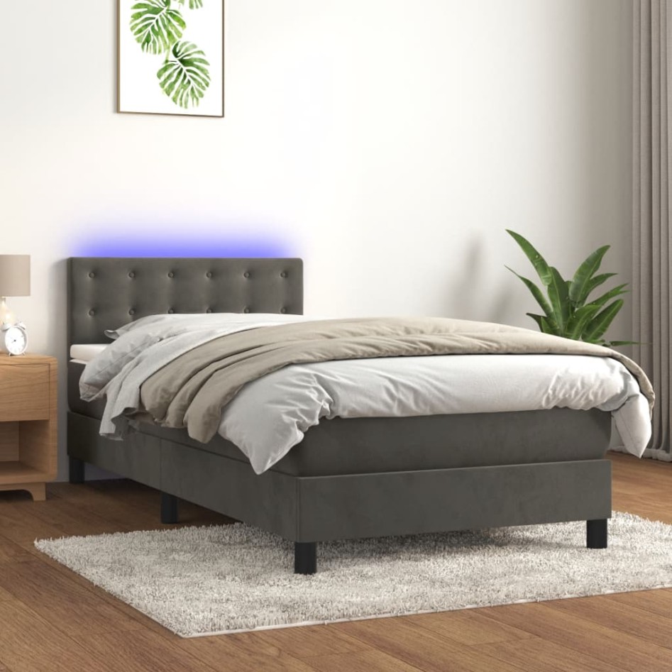 Cama box spring colchón y LED terciopelo gris oscuro 100x200