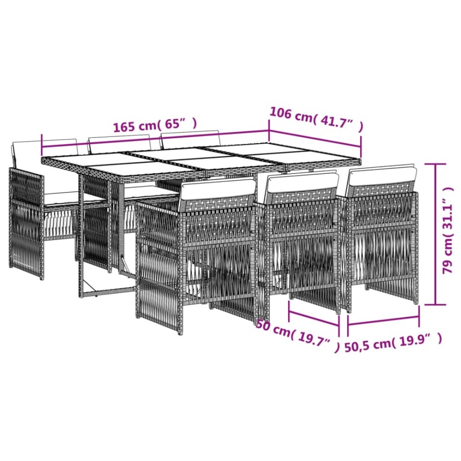 Set comedor de jardín 7 pzas con cojines ratán sintético
