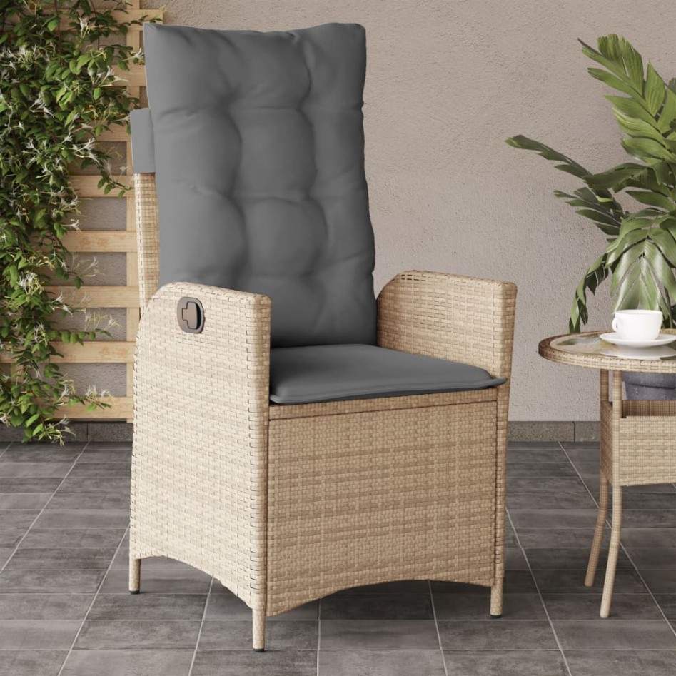 Sillón reclinable de jardín con cojines ratán PE beige