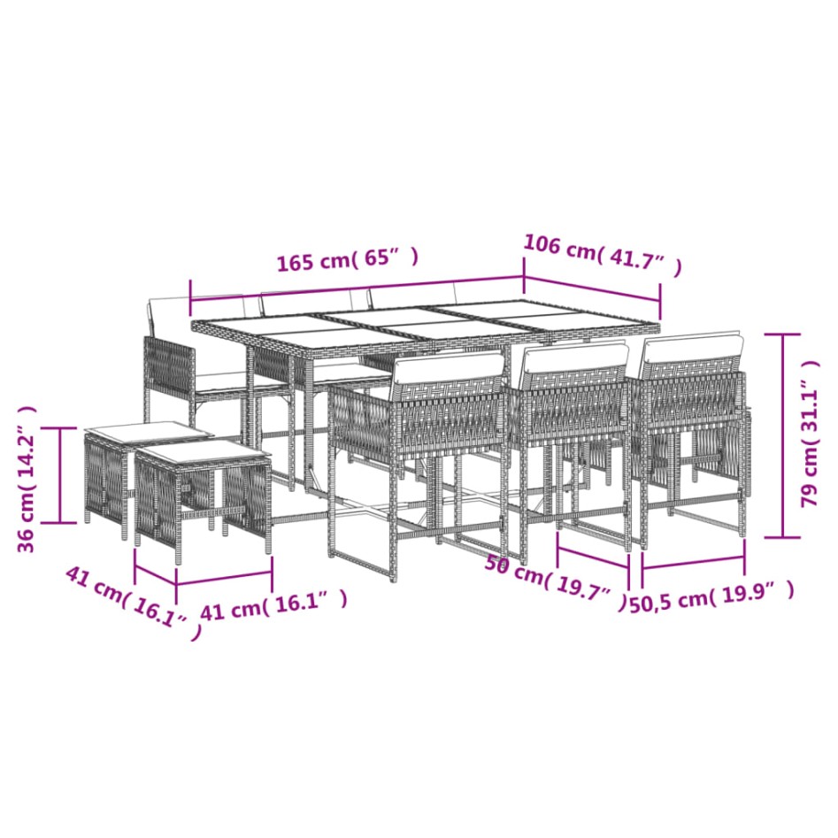 Set de comedor jardín 11 pzas con cojines ratán sintético