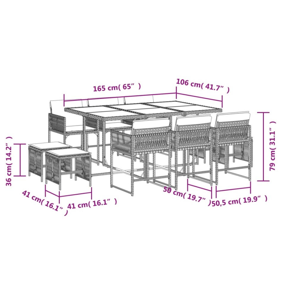 Set comedor de jardín 11 pzas con cojines ratán sintético