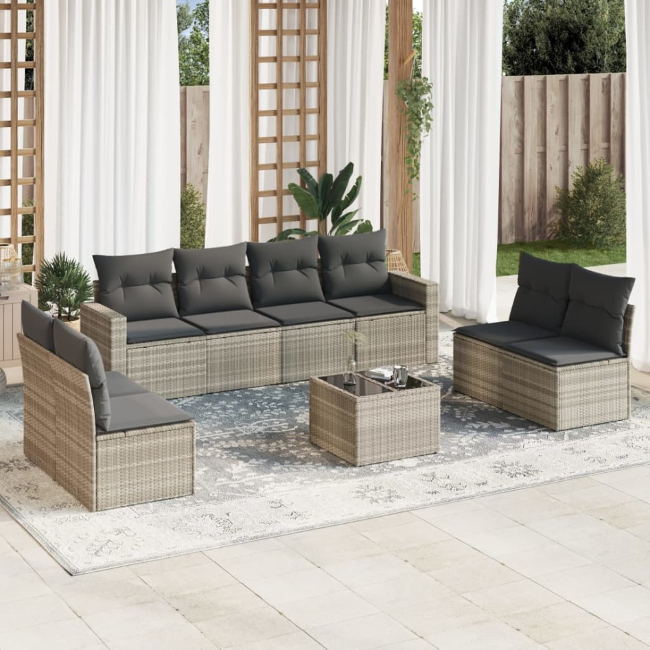 Set muebles jardín 9 pzas y cojines ratán sintético gris