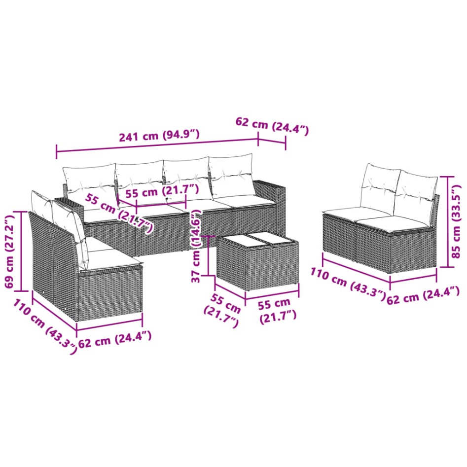 Set muebles jardín 9 pzas y cojines ratán sintético gris