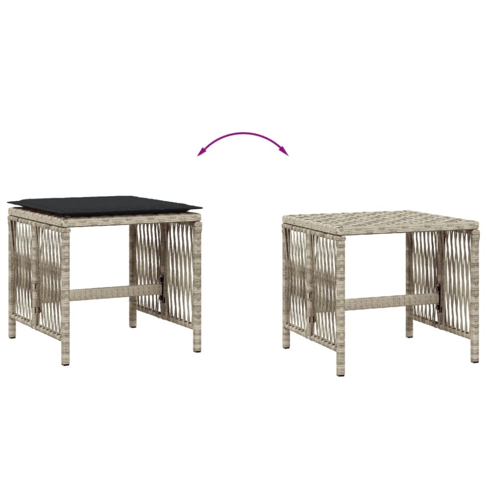 Taburetes jardín y cojines 4 uds ratán PE gris claro