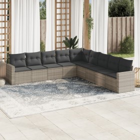 Set muebles jardín 9 pzas y cojines ratán sintético gris
