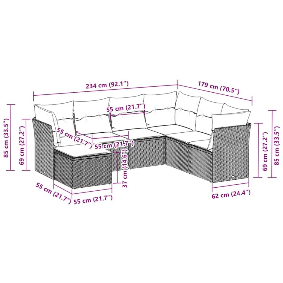 Set de sofás de jardín 7 pzas con cojines ratán PE gris