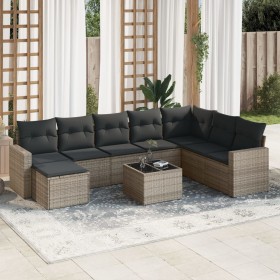 Set de muebles de jardín 9 pzas y cojines ratán sintético