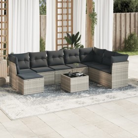 Set muebles jardín 9 pzas y cojines ratán sintético gris