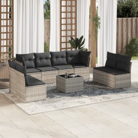 Set muebles jardín 9 pzas y cojines ratán sintético gris