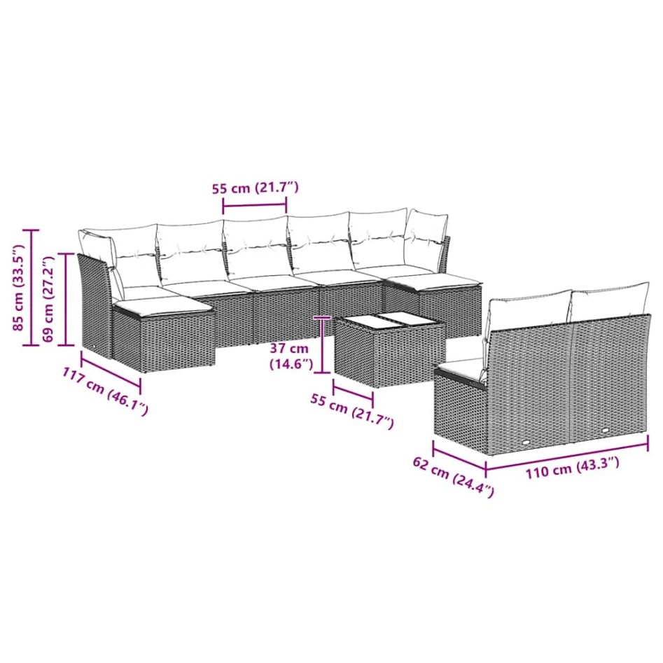 Set sofás jardín 10 pzas con cojines ratán sintético gris
