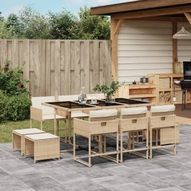 Set comedor de jardín 11 pzas con cojines ratán sintético