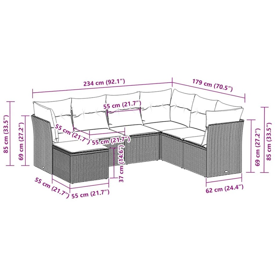 Set de sofás de jardín 7 pzas con cojines ratán PE gris