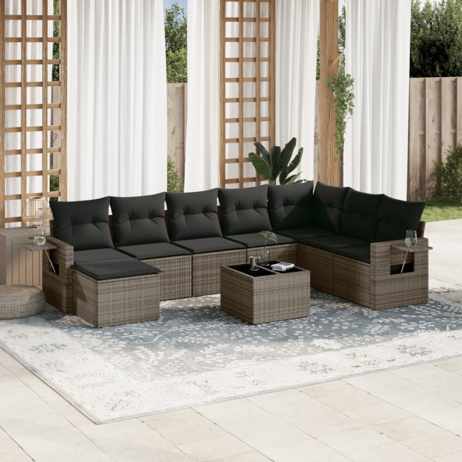 Set de muebles de jardín 9 pzas y cojines ratán sintético