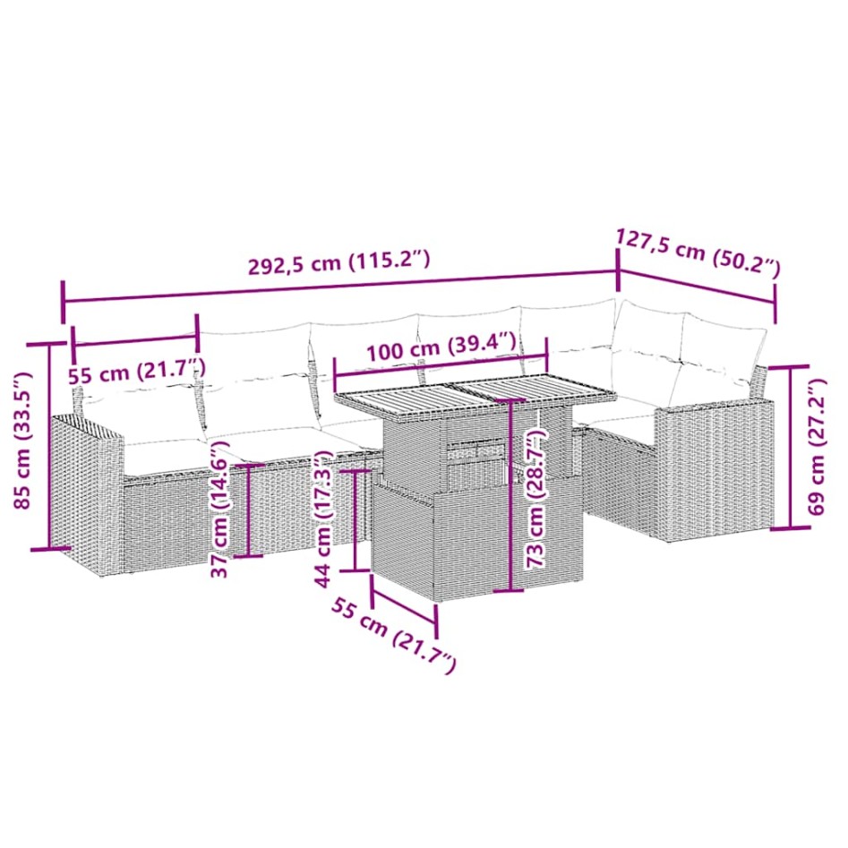 Set sofás de jardín 7 piezas y cojines ratán sintético