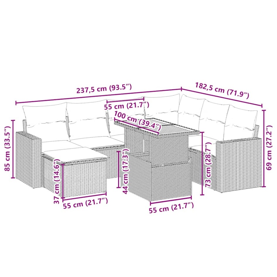 Juego de sofás de jardín con cojines beige 8 pzas ratán