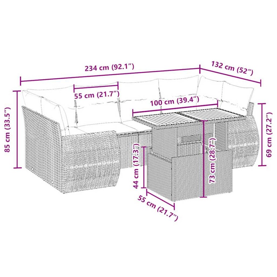Set sofás de jardín 7 piezas y cojines ratán sintético