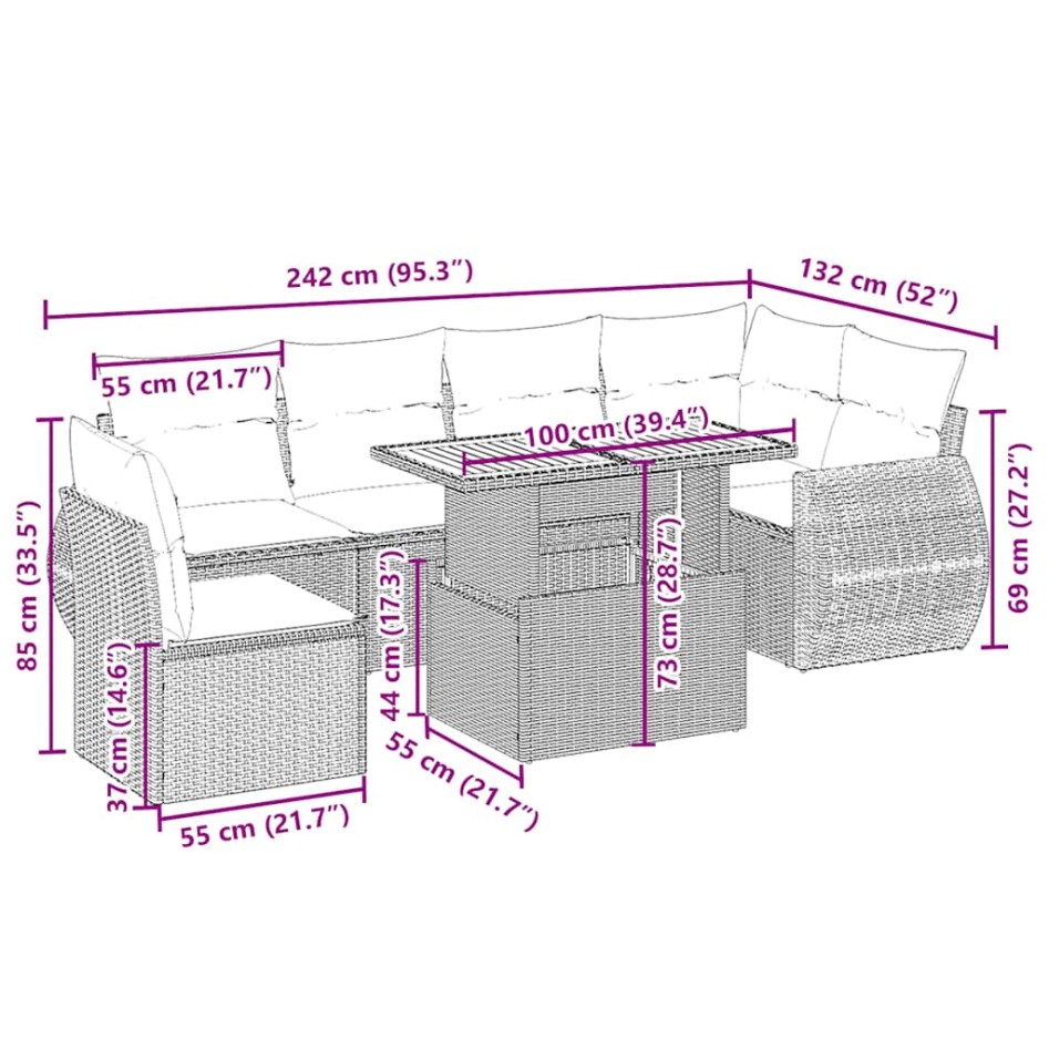 Set sofás de jardín 7 piezas y cojines ratán sintético