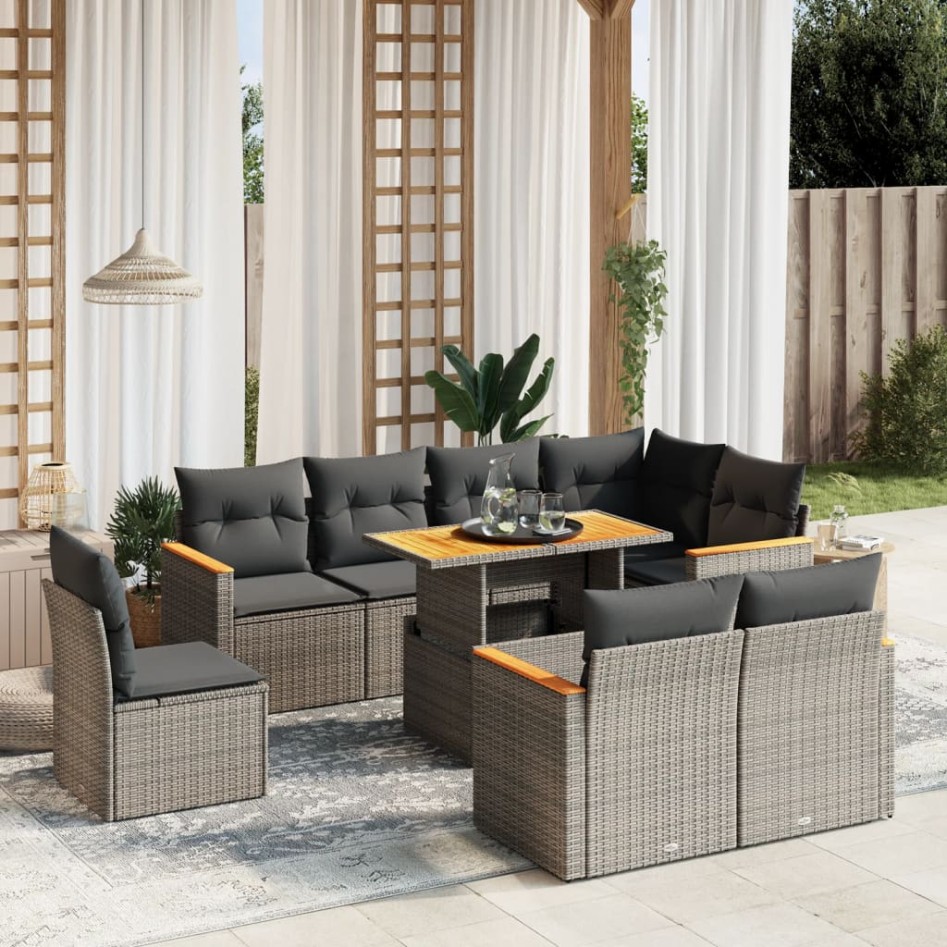 Set de muebles de jardín 9 pzas y cojines ratán sintético