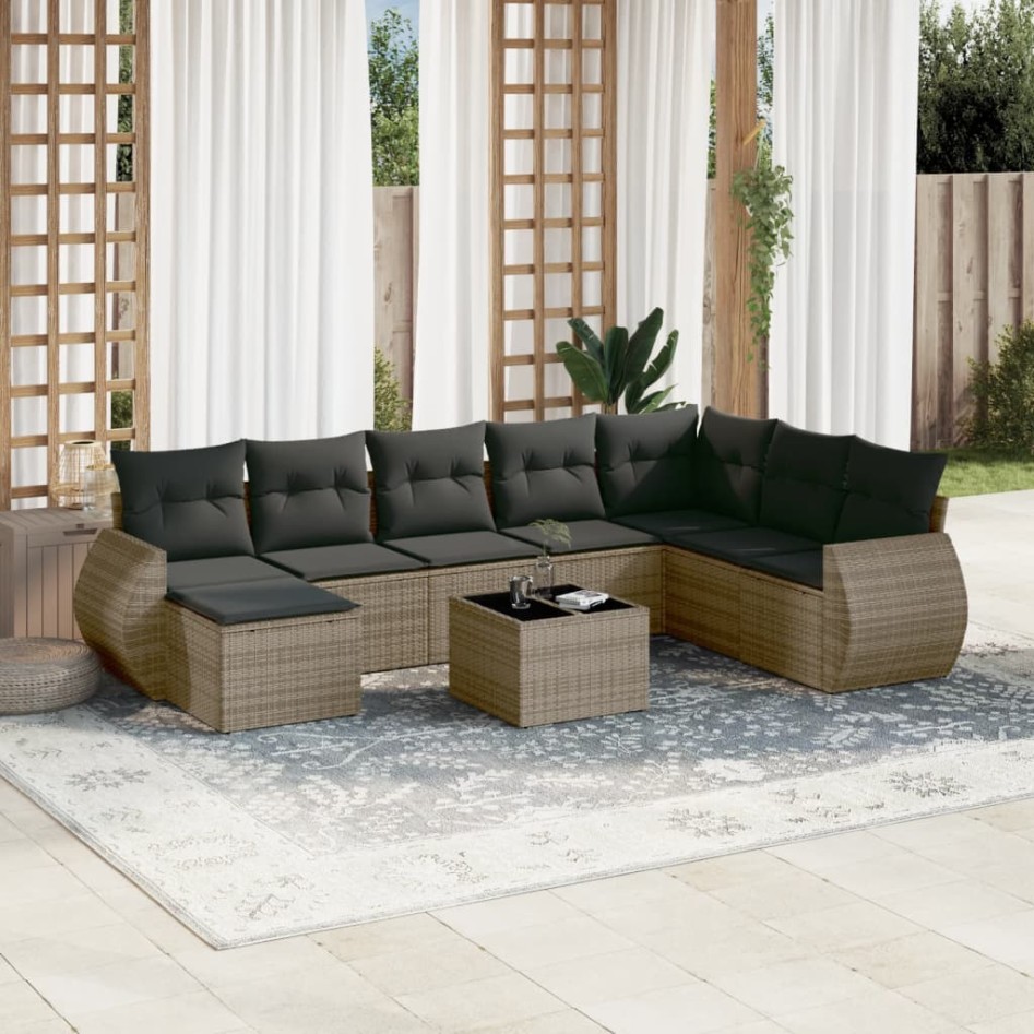 Set de muebles de jardín 9 pzas y cojines ratán sintético