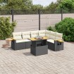 Set de comedor de jardín 7 pzas y cojines ratán sintético negro