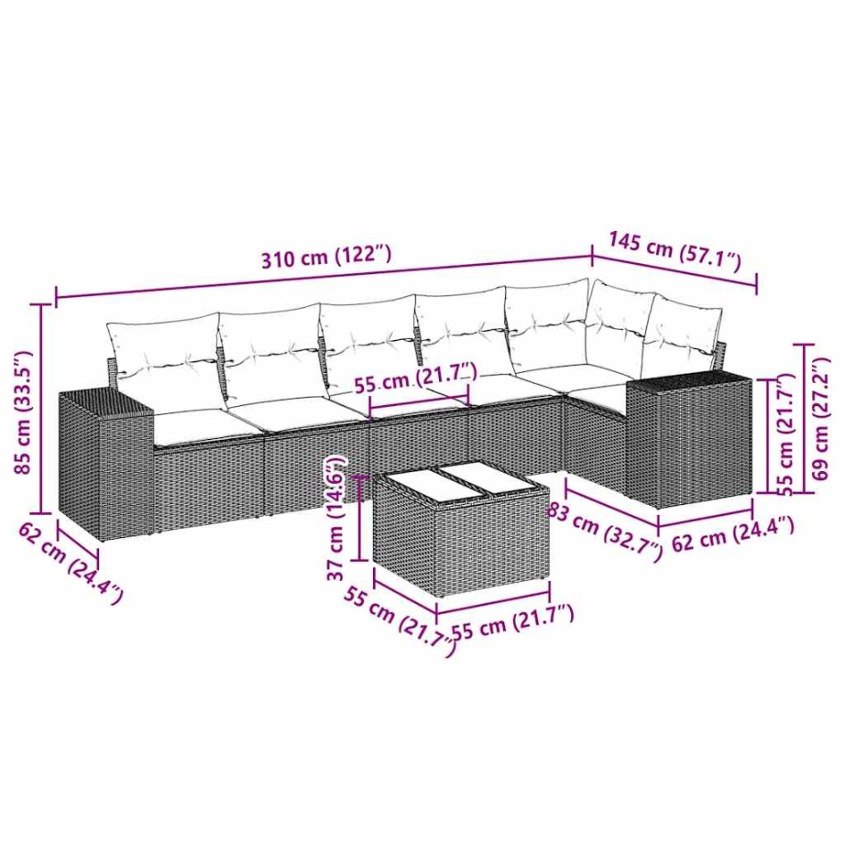 Set de sofás de jardín 7 pzas con cojines ratán PE gris