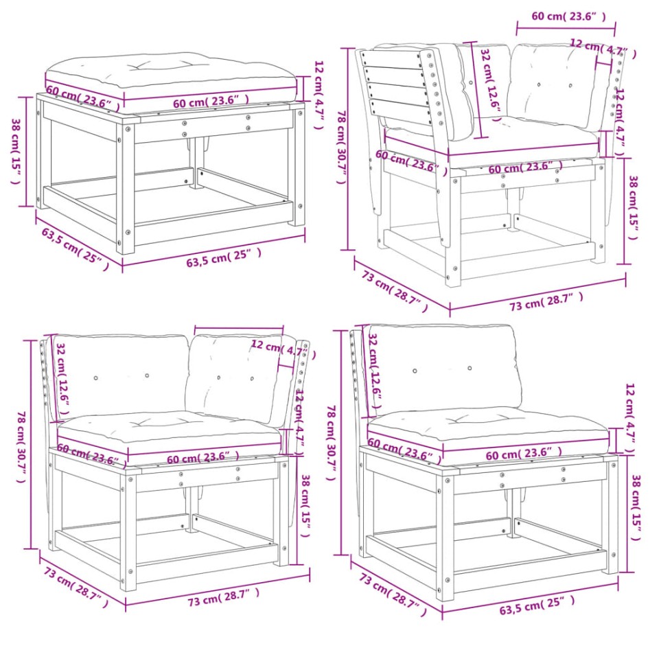 Set muebles jardín 5 pzas con cojines madera maciza pino