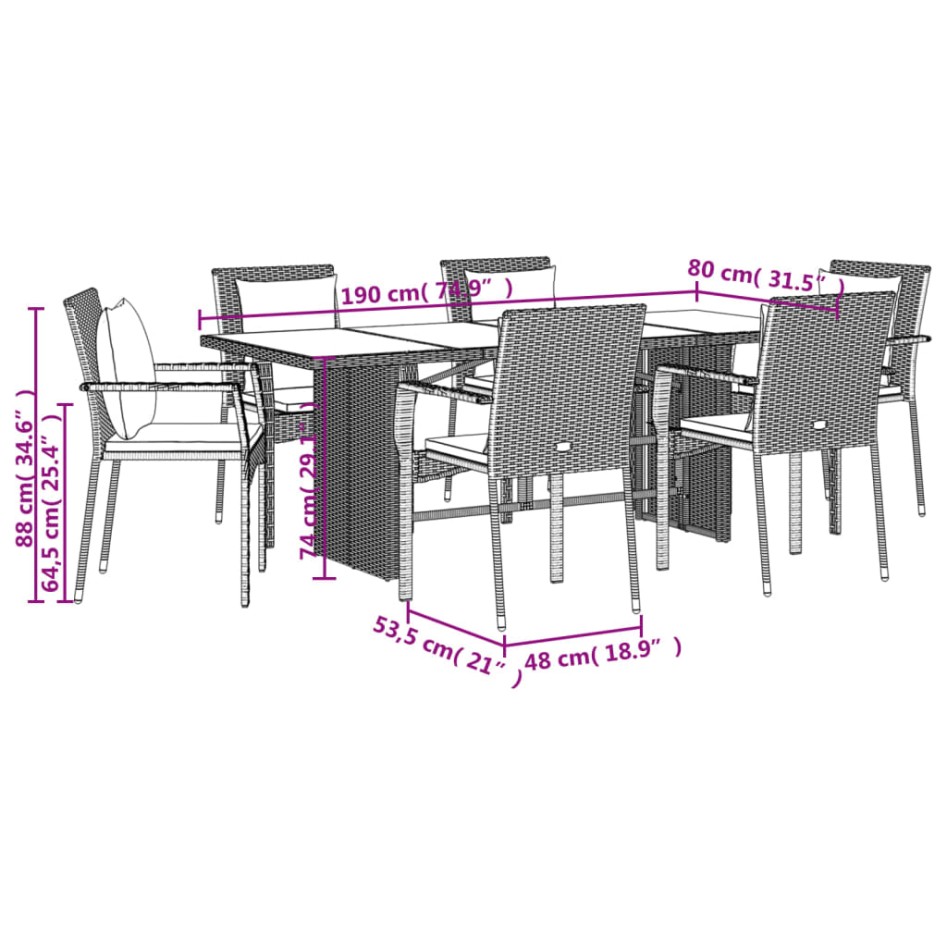 Set comedor jardín 7 pzas y cojines ratán sintético