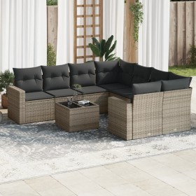 Set de muebles de jardín 9 pzas y cojines ratán sintético