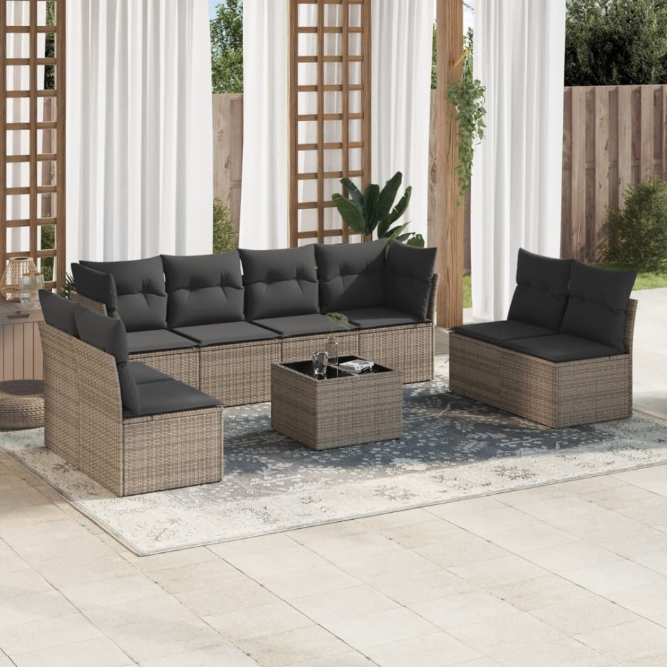 Set de muebles de jardín 9 pzas y cojines ratán sintético