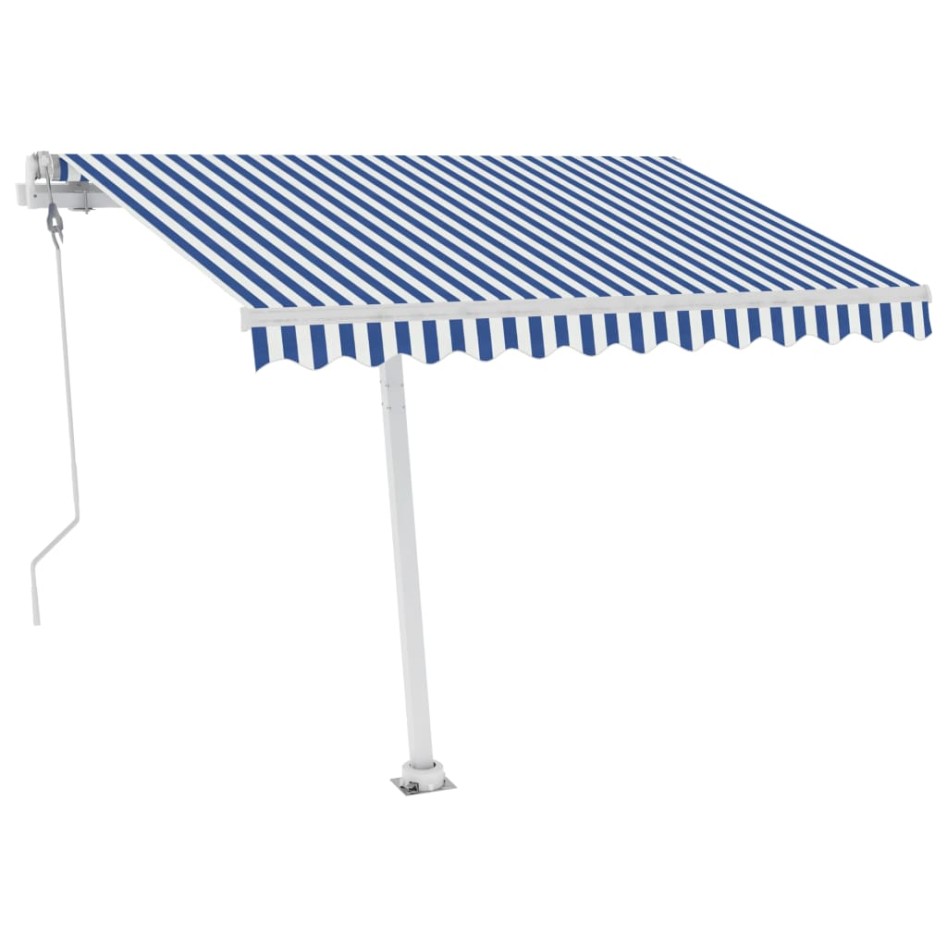 Toldo de pie automático azul y blanco 300x250