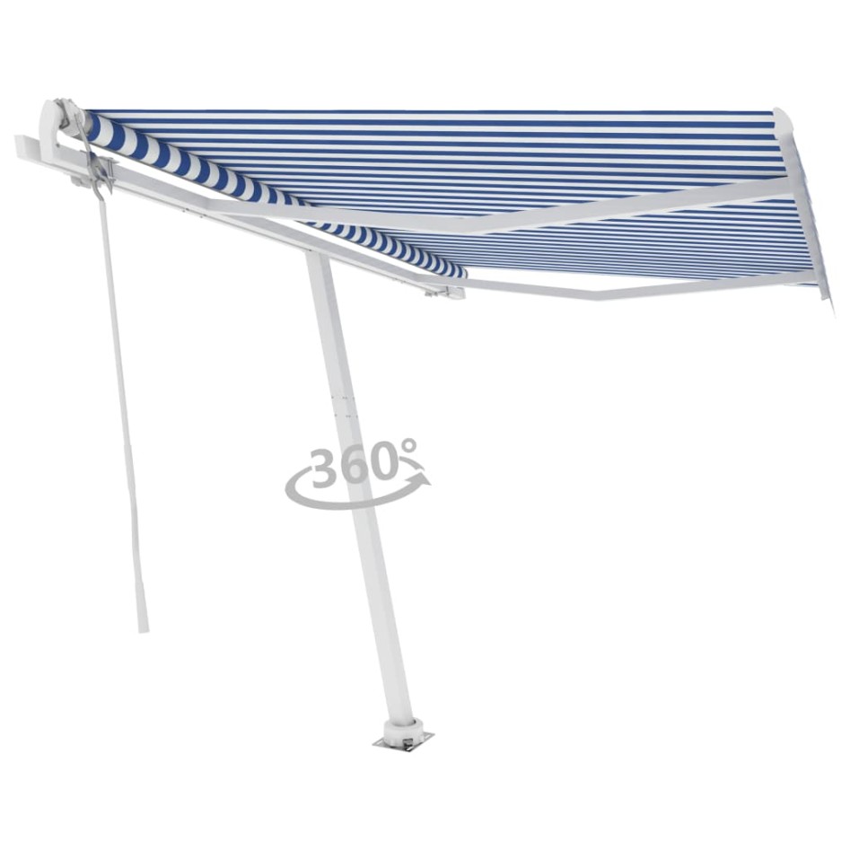 Toldo de pie automático azul y blanco 300x250