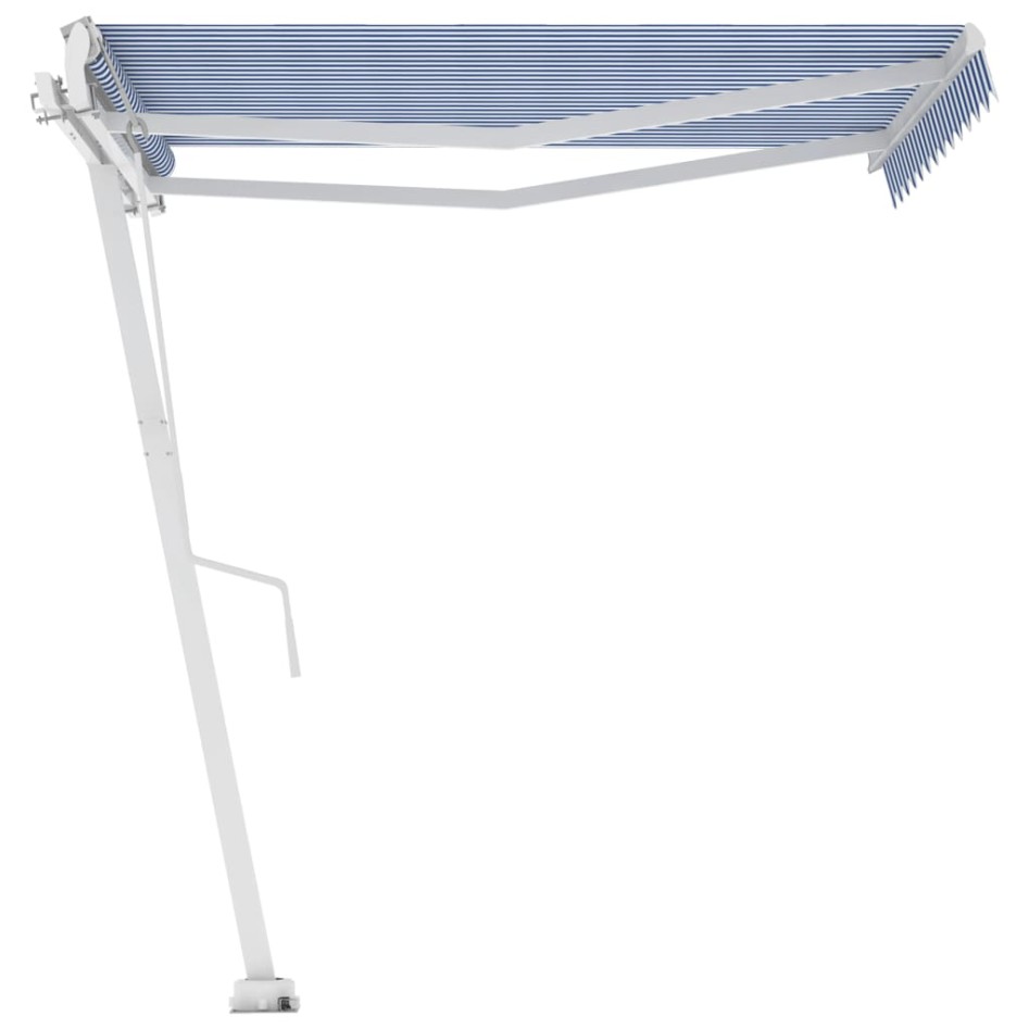 Toldo de pie automático azul y blanco 300x250