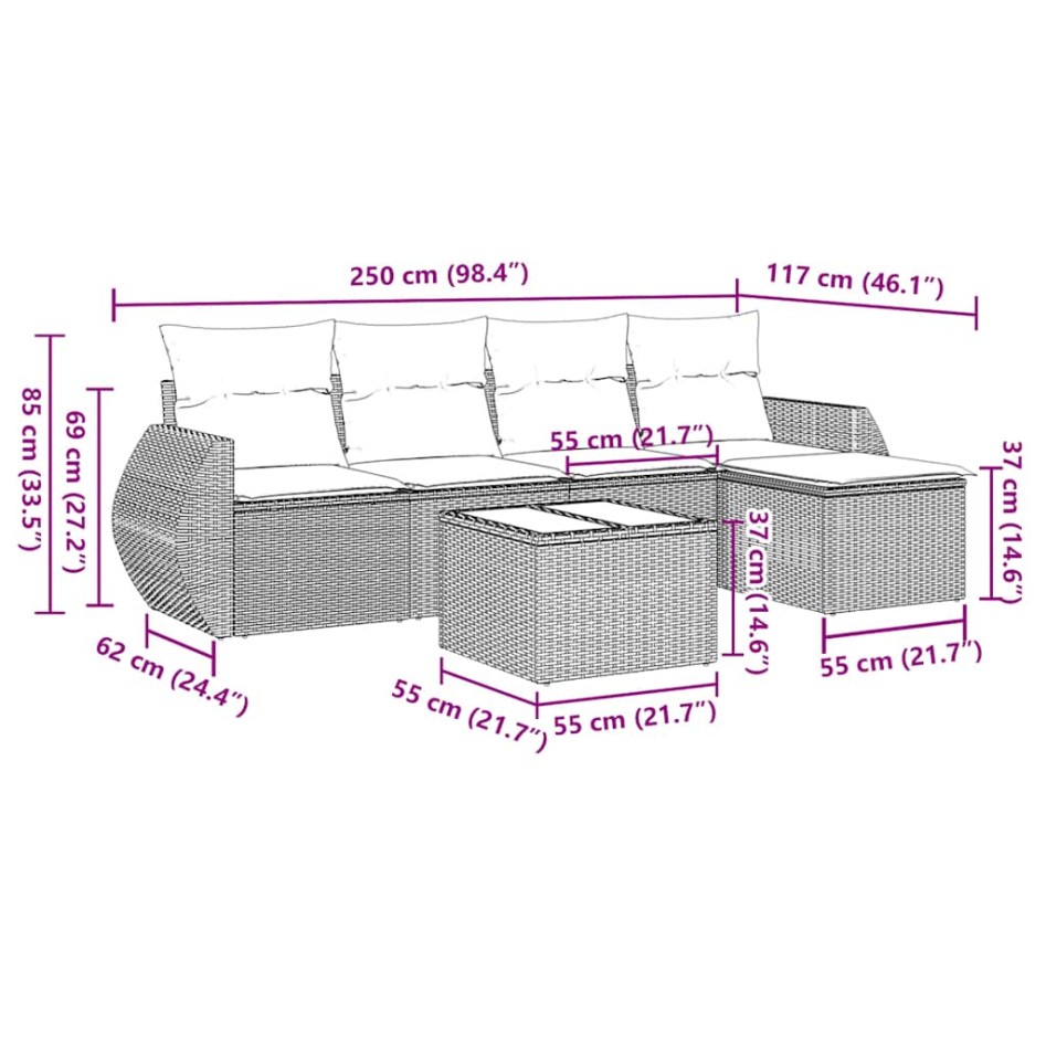 Set de sofás de jardín 6 pzas y cojines ratán sintético