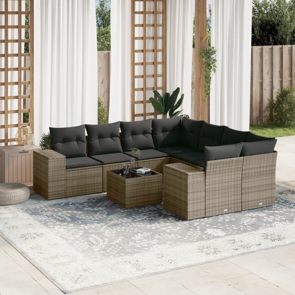 Set de muebles de jardín 9 pzas y cojines ratán sintético
