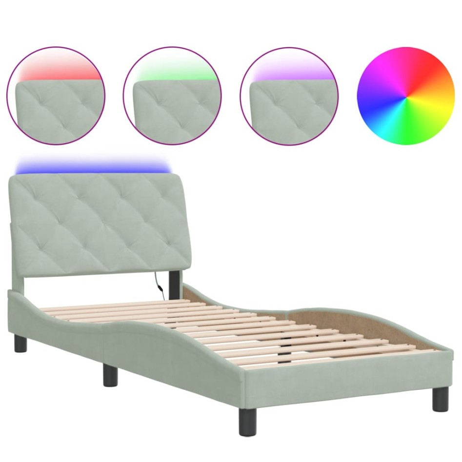 Estructura cama con luces LED terciopelo gris claro 90x200