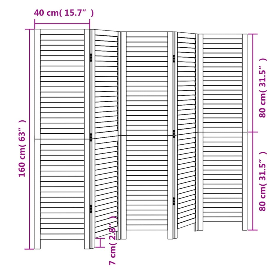 Biombo separador de 5 paneles madera maciza Paulownia