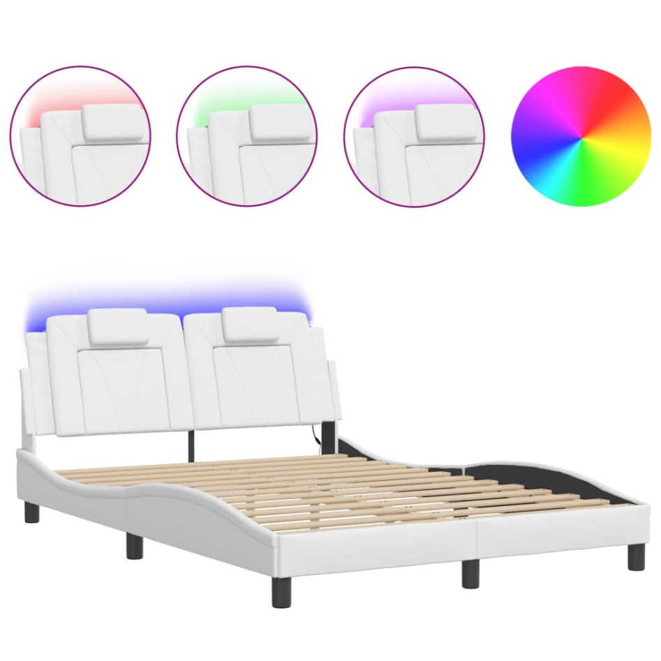 Estructura cama con luces LED cuero sintético blanco 140x190