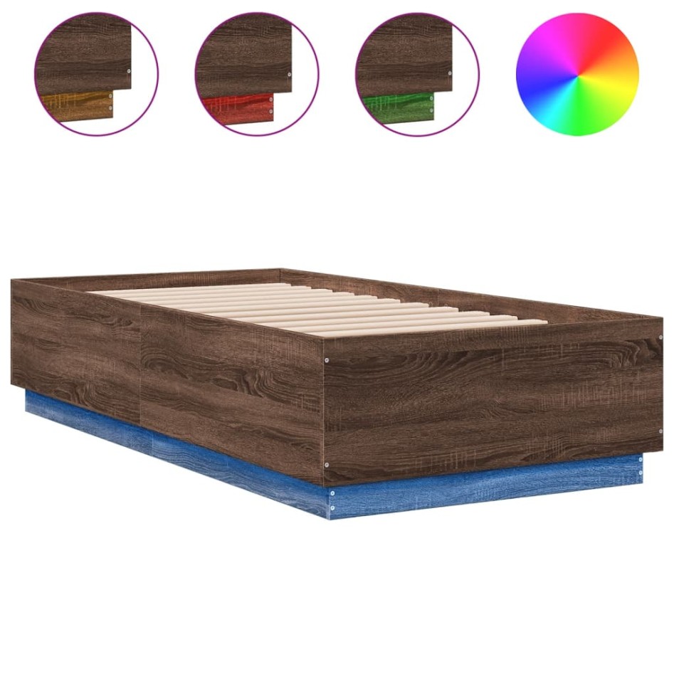 Estructura cama con luces LED madera roble marrón 90x190