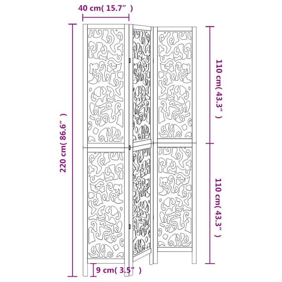 Biombo separador de 3 paneles madera maciza Paulownia