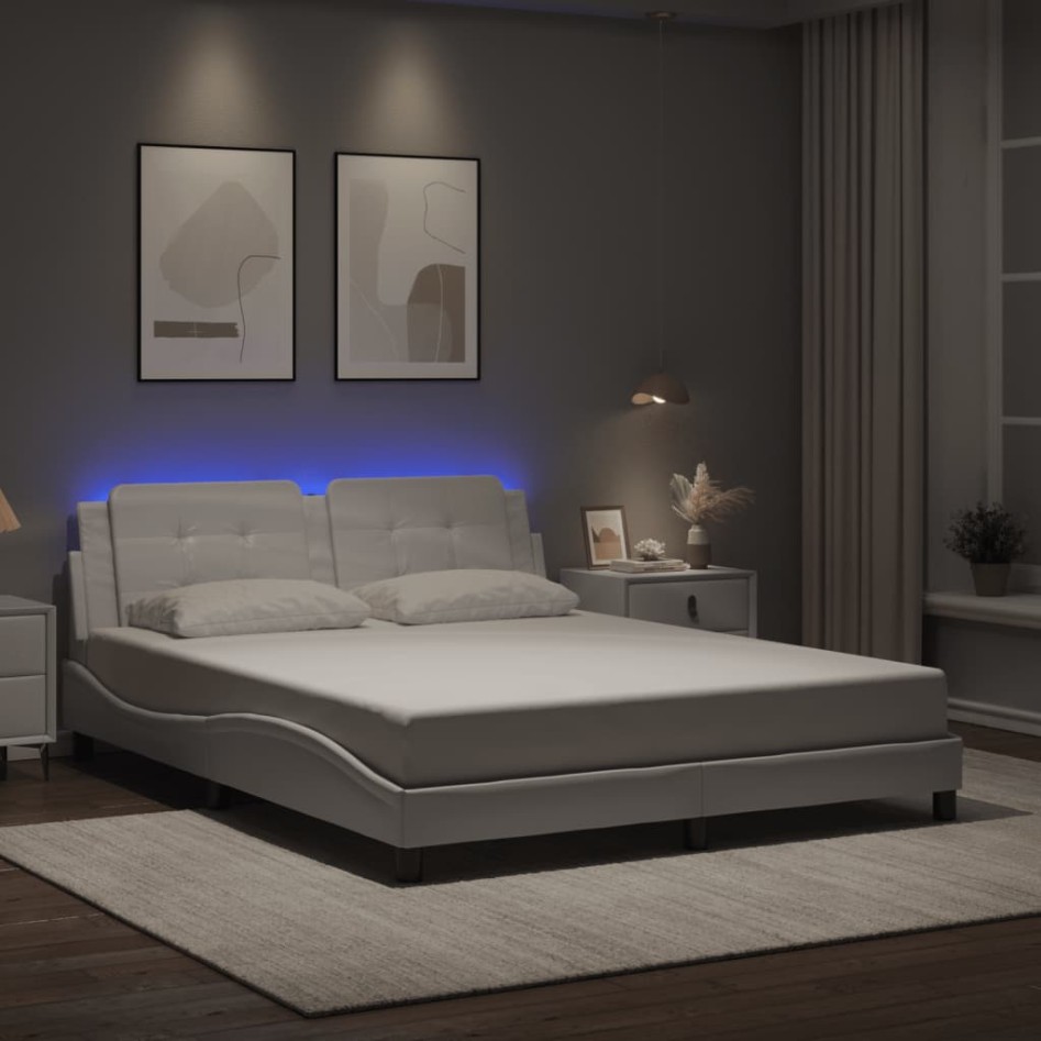 Estructura de cama con luces LED cuero PE blanco 160x200