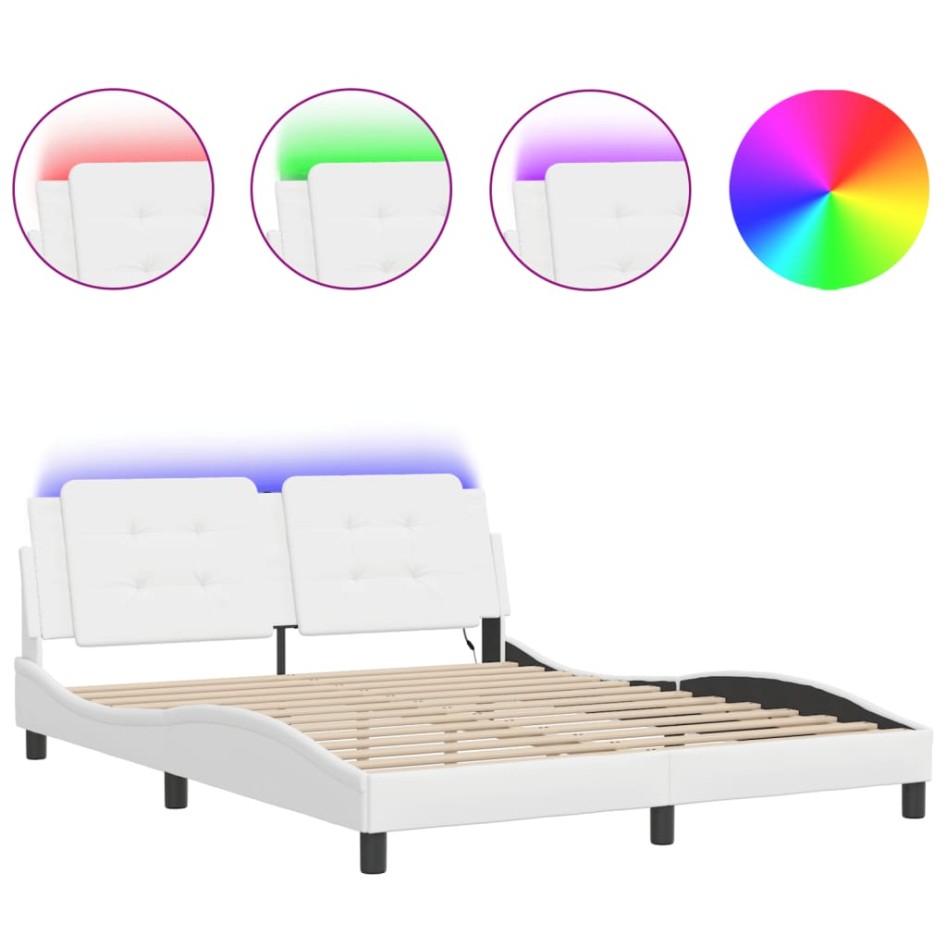 Estructura de cama con luces LED cuero PE blanco 160x200