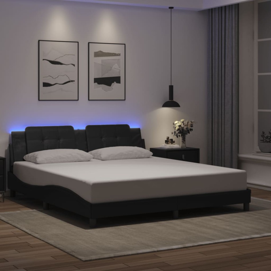 Estructura cama LED sin colchón cuero sintético negro