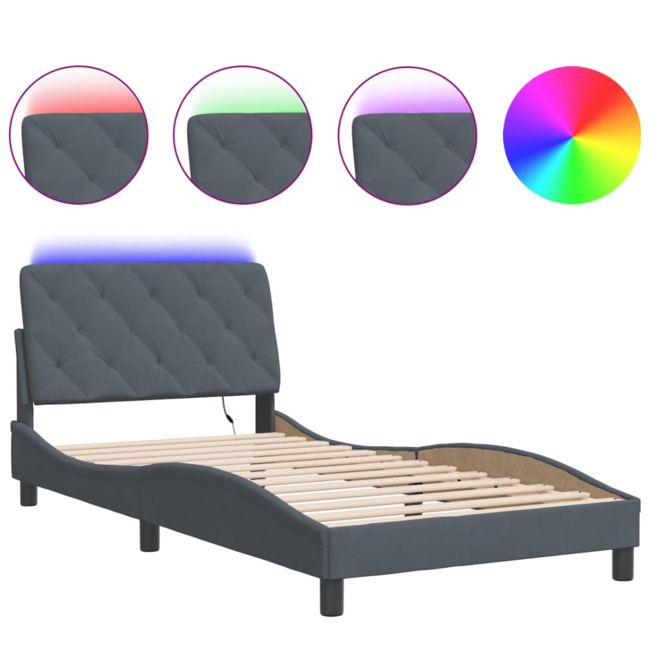 Estructura cama con luces LED terciopelo gris oscuro 100x200
