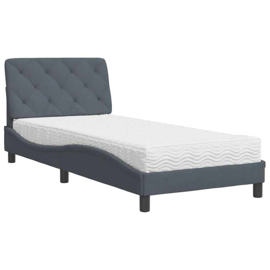 Cama con colchón terciopelo gris oscuro 90x190