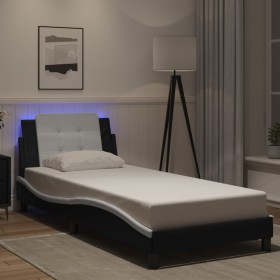 Estructura cama con LED cuero sintético negro blanco 100x200